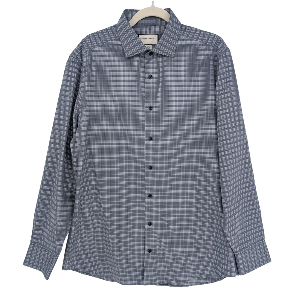 Charles Tyrwhitt Button Down Shirt Men 16/34 Blue Plaid Slim Fit Cotton Long Slv